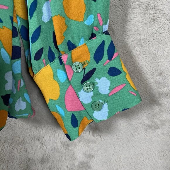 Halogen Pleated Long Sleeve Blouse S Colorful Abstract Floral Print Ruffle Neck - Picture 7 of 11